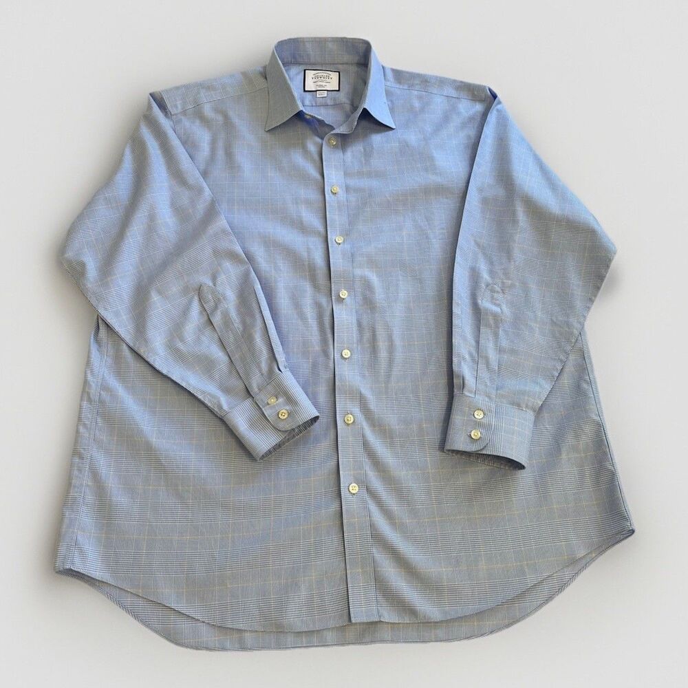 Charles Tyrwhitt Classic Fit Non-Iron Dress Shirt Blue Plaid 17.5/34 Long Sleeve